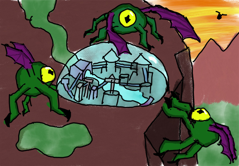 Three Eye green four-legged eye creatures look curiously at human space settlement under glass dome