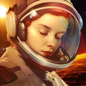 Red Haired Woman in space suit on red planet in outer space